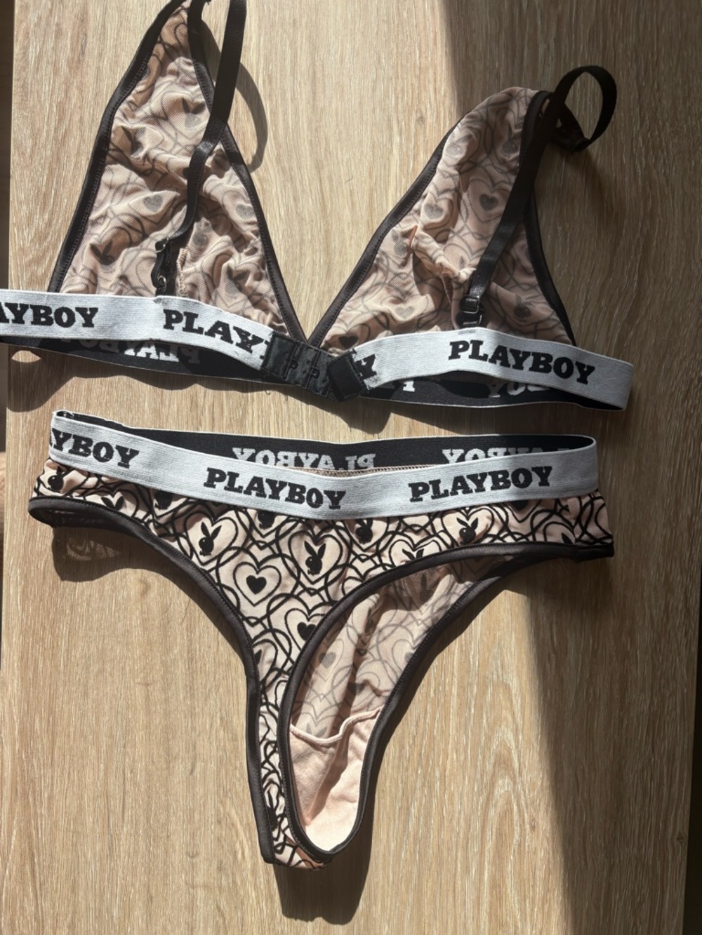 Playboy Women's Heart Print Bralette & Thong Set in Nude/Black crushed velvet - Picture 3 of 9